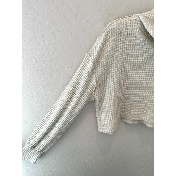 FREE PEOPLE Waffle Knit Cropped Pullover Cream Long Sleeve Mock Neck Top | Small - Picture 3 of 6